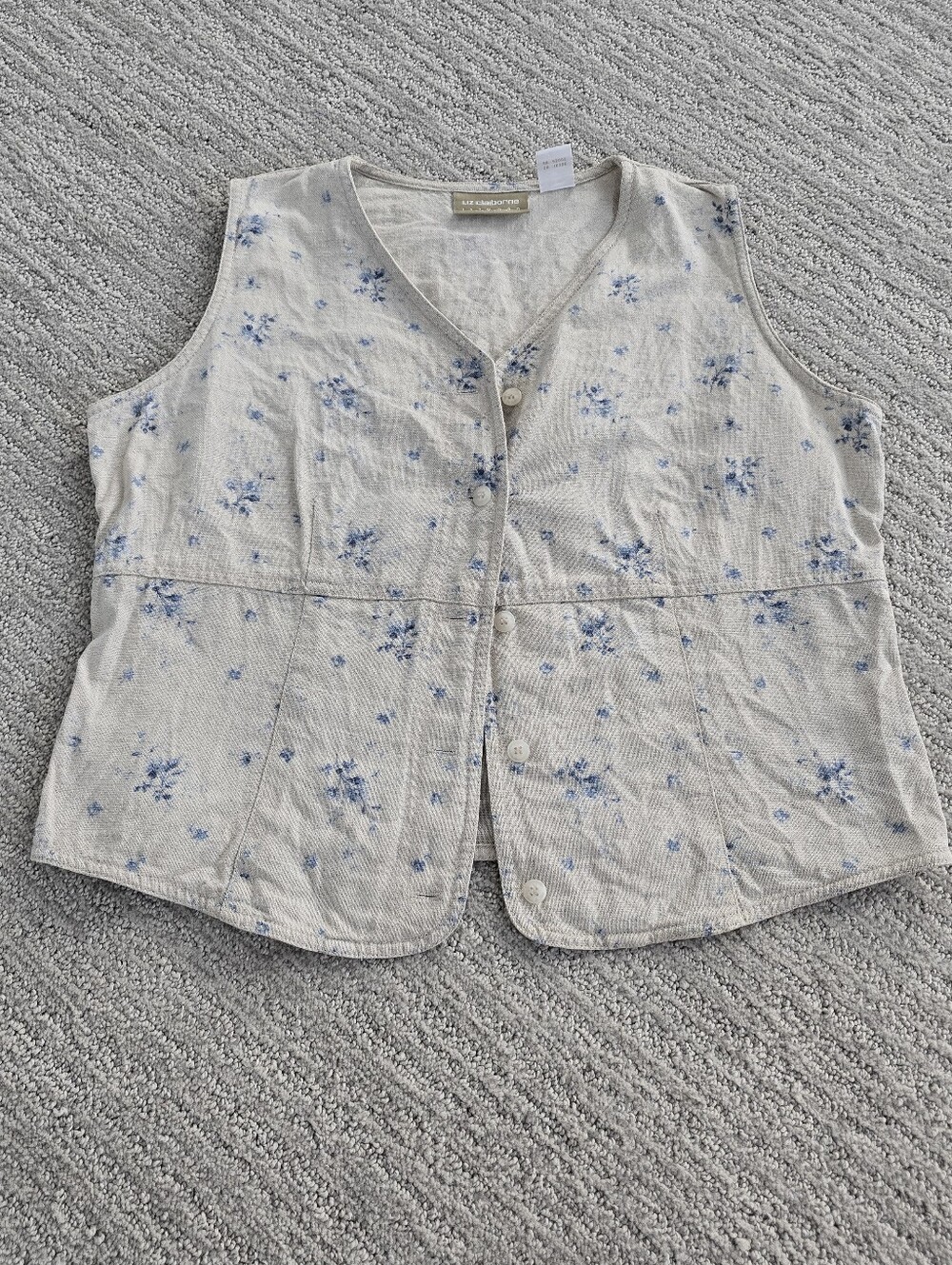 Liz Claiborne Linen Cotton Blend Vest w Blue Ditsy Florals Cottagecore Prairie